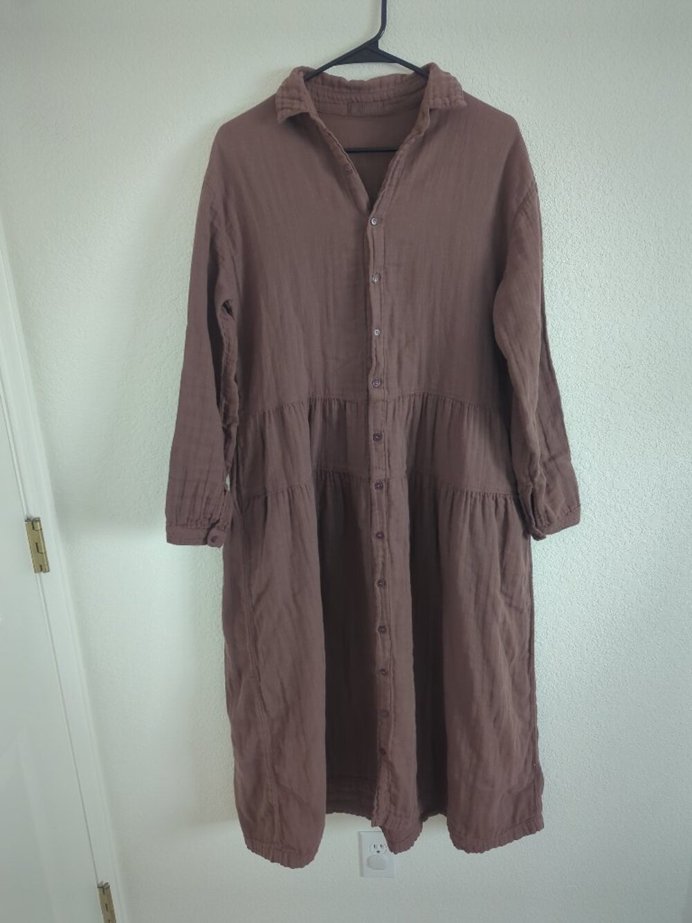 CP Shades Cotton Gauze Tiered Maxi Shirt Dress Small Brown Pockets USA